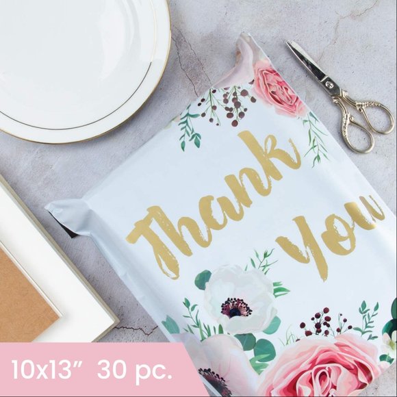 10x13" (30 Pack) Thank You Floral Polymailers (White) - Picture 1 of 2